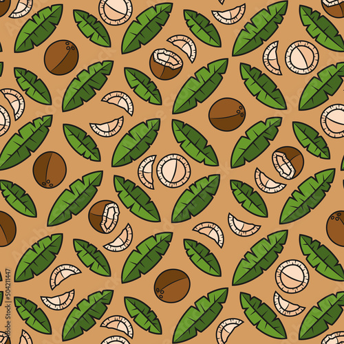 Seamless pattern with palm leaves and coconuts. Tropical vector background with isolated objects.