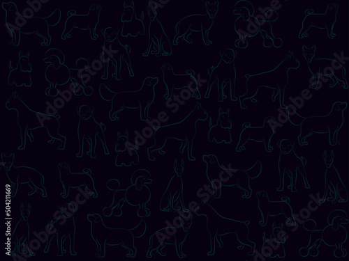 Different dog breeds contour silhouette art drawing vector illustration