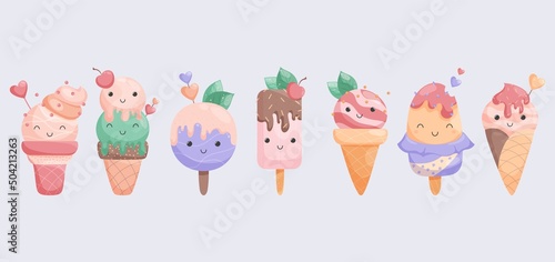Summer set of cute ice cream characters. Sweet smiling ice cream with different tasties for kids designs and prints. Vector illustration in cartoon style. 