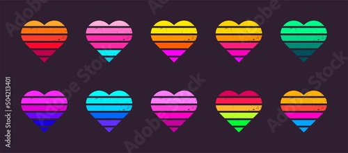 Sunset heart in vintage style. Set of retro graphics. Heart shape with grunge texture. Collection of sunset in neon colors. Isolated flat vector illustration.