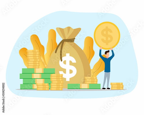 Happy businessman and flat vector illustration. cartoon millionaire or banker holding a huge coin. financial growth and market concept. Golden coins. Big pile of money. Finance.Vector illustration.