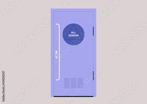 An all gender toilet door, a triangle sign in a circle