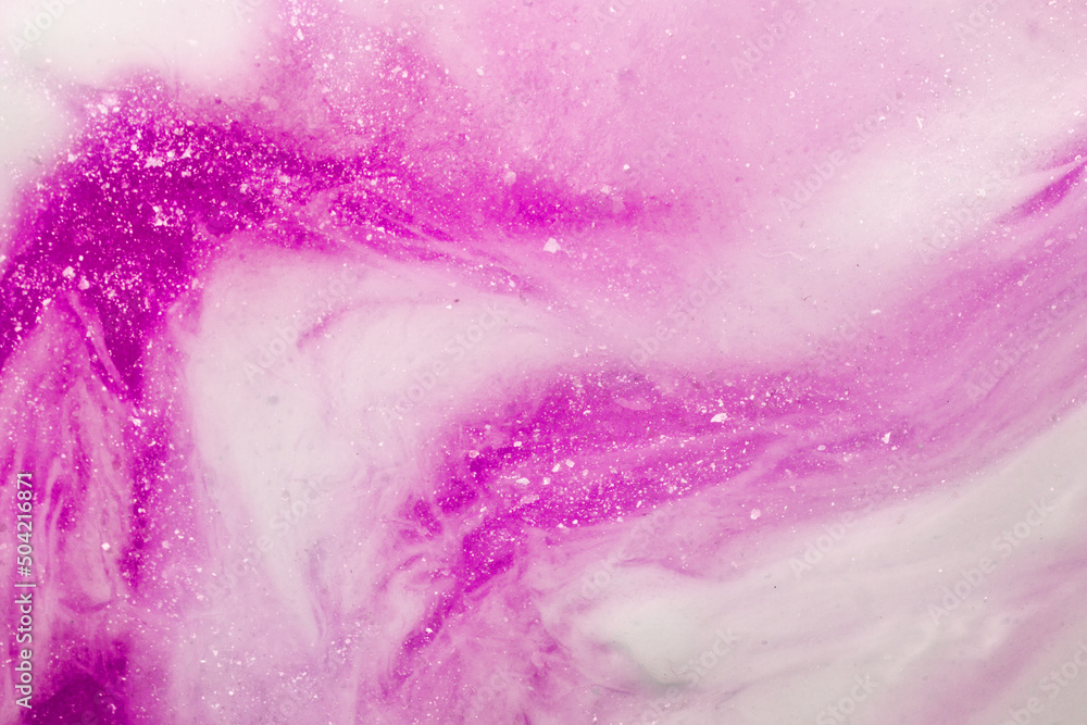 Fototapeta premium Liquid art gel pink gradient background with glitter. Slime toy. Abstract magenta and white surface. 