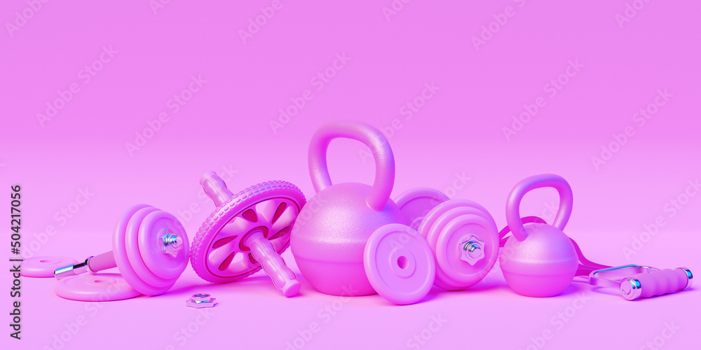 3d illustration of sports equipment. Sports equipment: kettlebell, dumbbell, elastic band for sports, gymnastic roller for the press. Sports game store banner