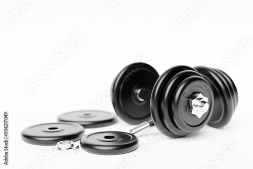 3D illustration  metal black  dumbbell with disks on   white background. Fitness and sports equipment photo