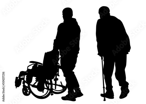 Silhouettes wheelchair man and women on white background