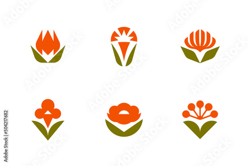 Floral vector logo mark template or icon. Set of elegant design elements with ornamental tulip, peony, carnation and other flowers
