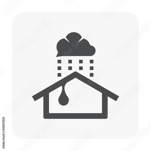 Rain water leak or drip to inside vector icon. Cause by roof tile damage, broken, crack from wind, hail, old, storm. Problem for repair, fix, maintenance by caulking sealant for home house building.
