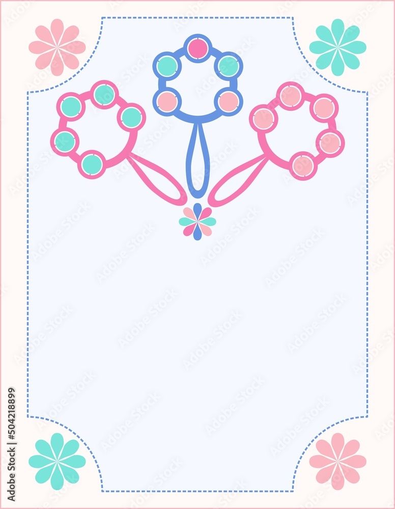 baby card, background template with rattles and flowers, copy space baby card, background template with rattles and flowers, copy space