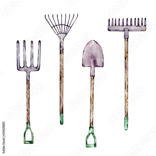 Watercolor set of gardening tools