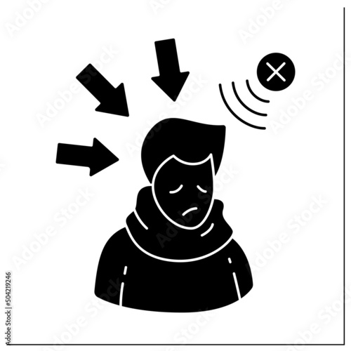 Negative influence glyph icon. Person depressed and upset with negative media influence and bad press attack. Information overload concept.Filled flat sign. Isolated silhouette vector illustration