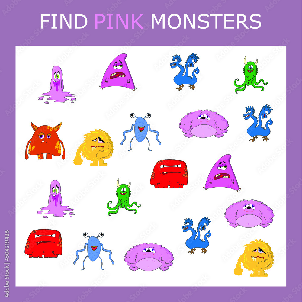 Find the pink monster character among others. Looking for pink. Logic game for children.
