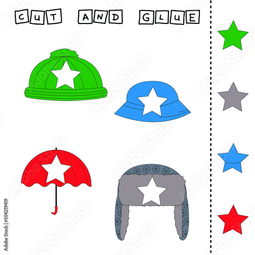 worksheet vector design, the task is to cut and glue a piece on  hat, panama, earflaps .  Logic game for children.