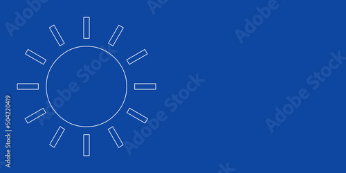 A large white outline sun on the left. Designed as thin white lines. Vector illustration on blue background