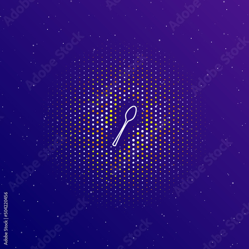 A large white contour spoon in the center, surrounded by small dots. Dots of different colors in the shape of a ball. Vector illustration on dark blue gradient background with stars