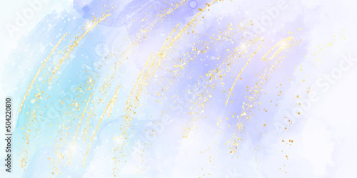 Violet blue liquid watercolor background with brush strokes, stains and glitter. Pastel cyan purple marble alcohol ink drawing effect. Vector illustration design template for wedding invitation