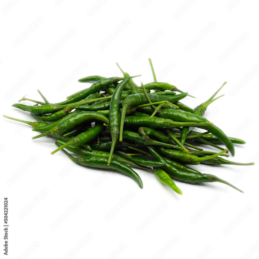 Heap of fresh green chilli on white background. Spot focus. Heap of fresh green chilli on white background. Spot focus.