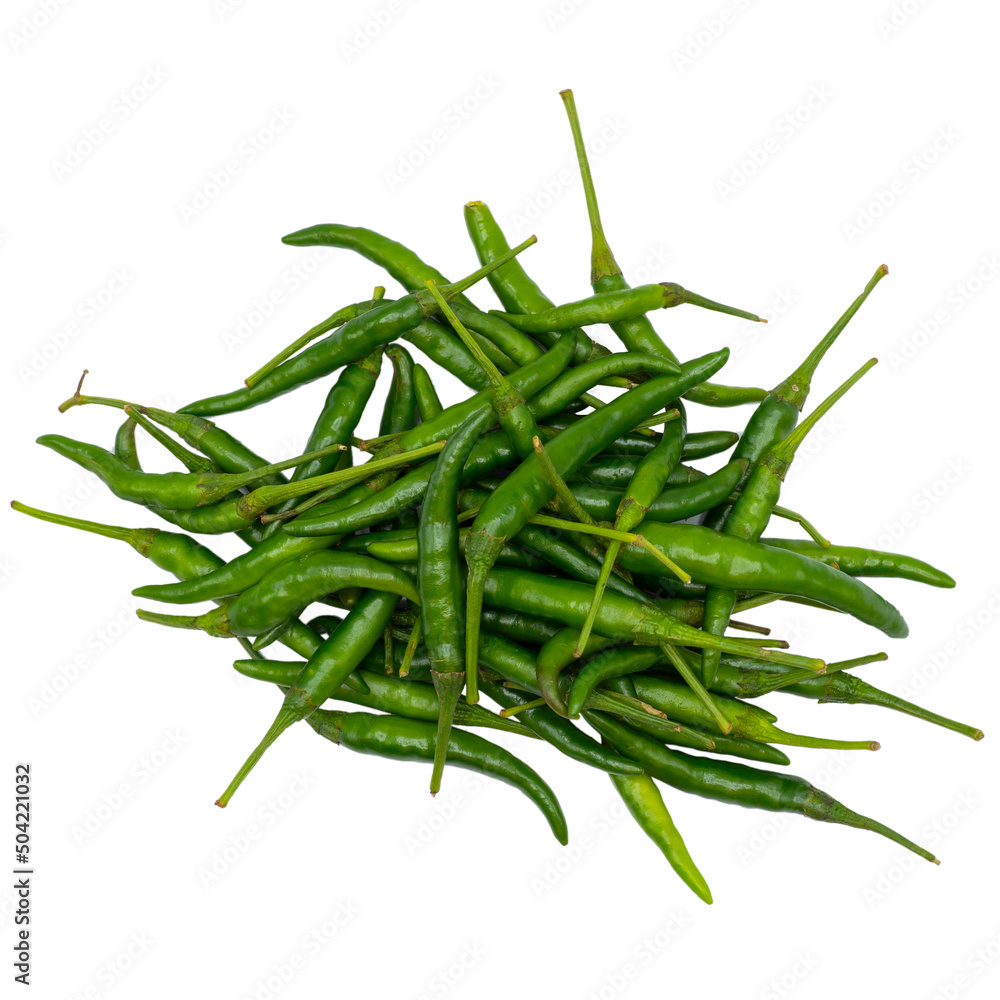 Fototapeta premium Heap of fresh green chilli on white background. Spot focus.