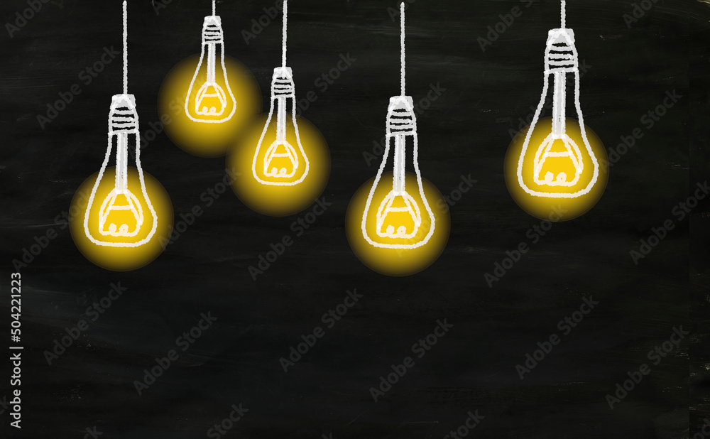Idea,innovation,start up,solution and creativity concept. Light bulbs on black board, design template large copy space Idea,innovation,start up,solution and creativity concept. Light bulbs on black board, design template large copy space