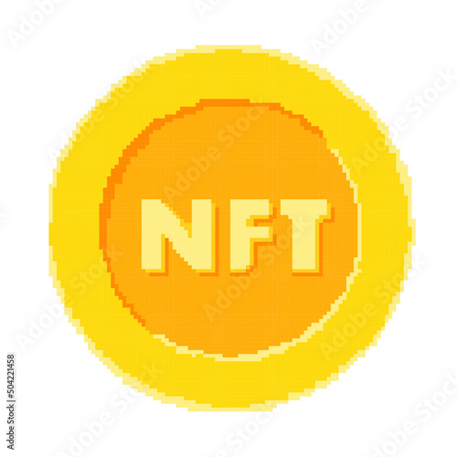 NFT coin in pixel art style. Vector EPS 10 illustration. NFT concept.