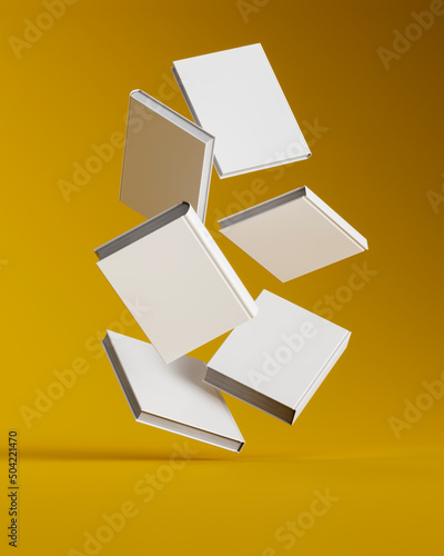 white books falling on a yellow surface. Blank book cover. layout or template. 3d render