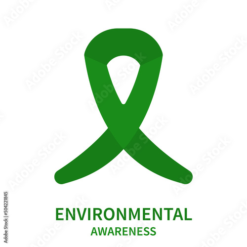 Environmental awareness ribbon poster. Global warming and climate change alertness symbol. Green bow for Earth day. Vector illustration