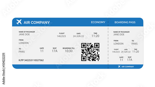 Boarding pass template isolated on white background. 
Realistic airline ticket. Vector stock photo