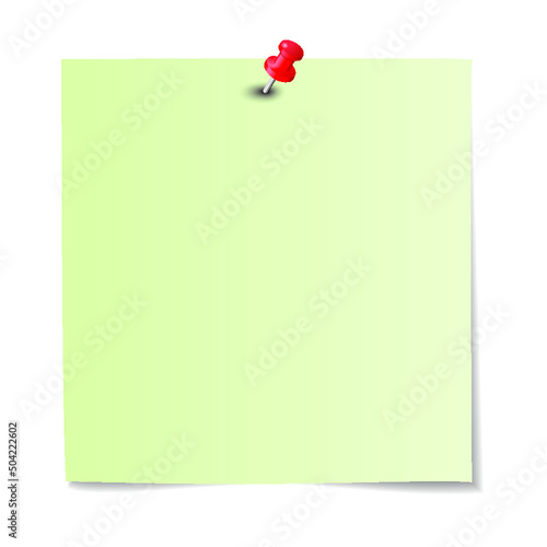 Green paper note with red pushpin isolated on a white background