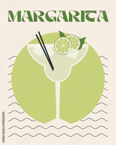 Margarita. Retro posters with alcohol cocktails. 90s 80s 70s groovy posters. Modern trendy print. Drink with fruit and ice. Flat cocktails with decorative elements. Vector illustration