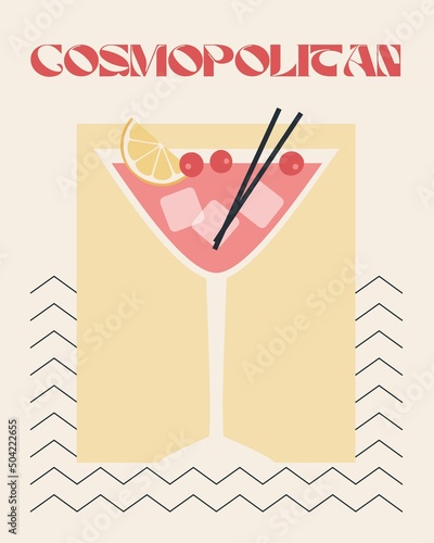 Cosmopolitan. Retro posters with alcohol cocktails. 90s 80s 70s groovy posters. Modern trendy print. Drink with fruit and ice. Flat cocktails with decorative elements. Vector illustration