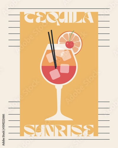 Tequila sunrise. Retro posters with alcohol cocktails. 90s 80s 70s groovy posters. Modern trendy print. Drink with fruit and ice. Flat cocktails with decorative elements. Vector illustration