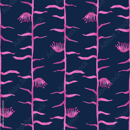 Seamless pattern from watercolor drawings abstract pink plants in rows