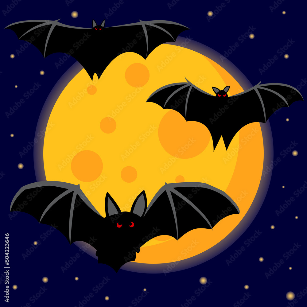 Bats with red eyes against the background of the moon and the night sky. Creepy illustration. Halloween. Vector drawing