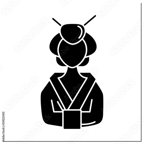 Geisha glyph icon.Geiko.Performance artists.Proficient conversationalists. Kimono, traditional hairstyles and oshiroi make-up.Japanese culture.Filled flat sign. Isolated silhouette vector illustration
