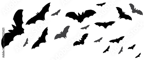 Bats are flying. Vector vampire bat set isolated on white background, halloween scary creepy animals in the sky horizontal path divider