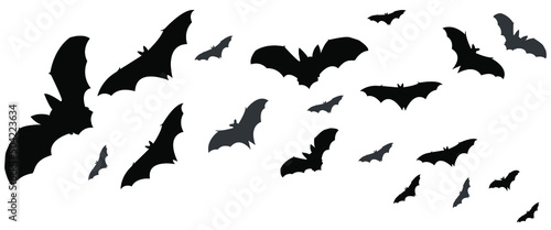 Bats are flying. Vector vampire bat set isolated on white background, halloween scary creepy animals in the sky horizontal path divider