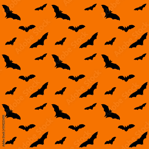 Seamless pattern with bats on an orange background. The background. Print design for textile production. Vector illustration