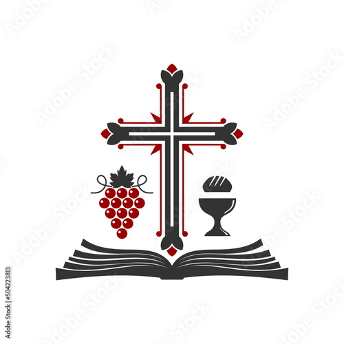 Christian illustration. Church logo. Cross, open bible, holy grail and vine.