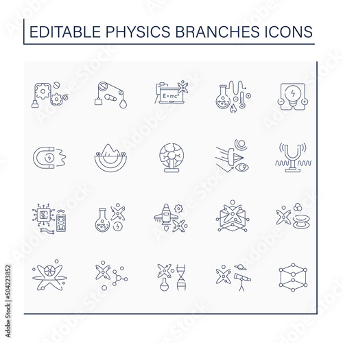 Physics branches line icons set. Scientific disciplines. Research macroscopic and microscopic physical properties. Science concept. Isolated vector illustrations. Editable stroke