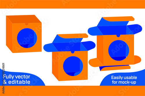 Food box, cake box, gift box with window dieline template and 3D box