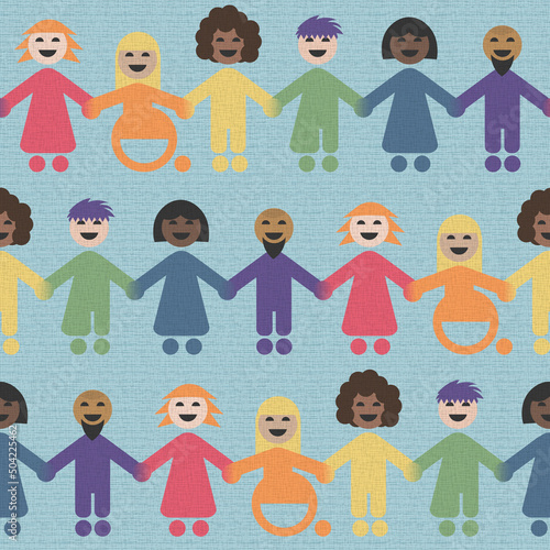 Seamless repeat vector pattern. Diversity of people holding hands in rainbow colors.