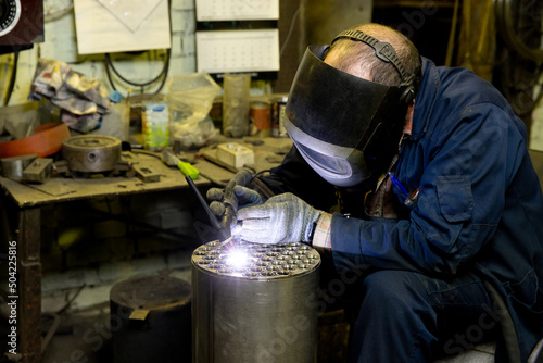 Unknown welder working in factory, circa 2021, north east England