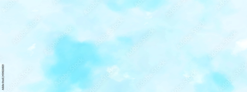 Abstract light blue watercolor painted sky mottled blue background with vintage marbled textured design on cloudy sky blue banner panoramic background. Soft clouds in blue sky watercolor background. 