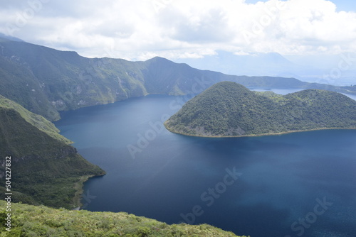 Laguna Cuicocha, beautiful blue lagoon with islands inside the crater of the Cotacachi volcano