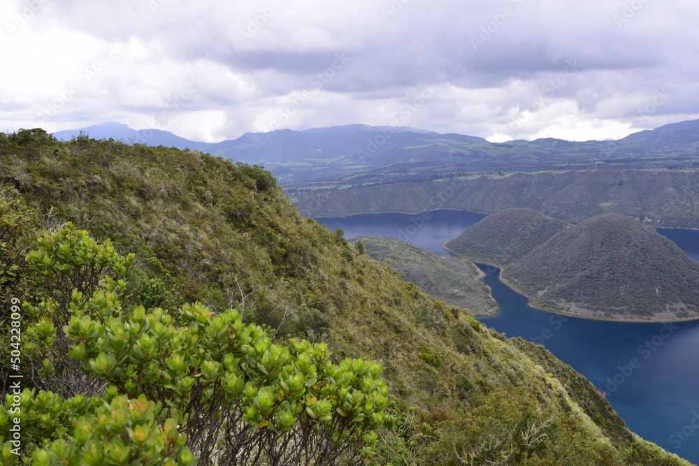 Laguna Cuicocha, beautiful blue lagoon with islands inside the crater of the Cotacachi volcano