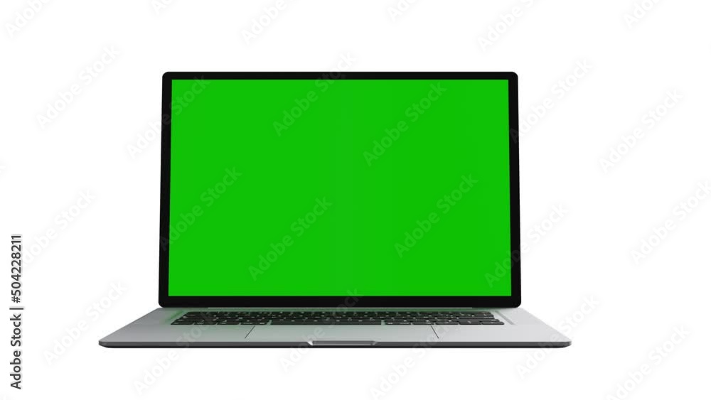Laptop isolated on a white background opens and a blank green chrome key screen lights up. Concept Computer Technological on Video Call Close-Up 4K Laptop isolated on a white background opens and a blank green chrome key screen lights up. Concept Computer Technological on Video Call Close-Up 4K