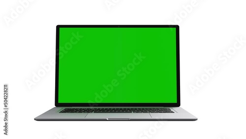 Laptop isolated on a white background opens and a blank green chrome key screen lights up. Concept Computer Technological on Video Call Close-Up 4K