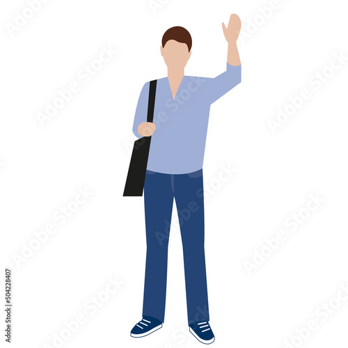 A student guy stands with a bag and waves his hand
