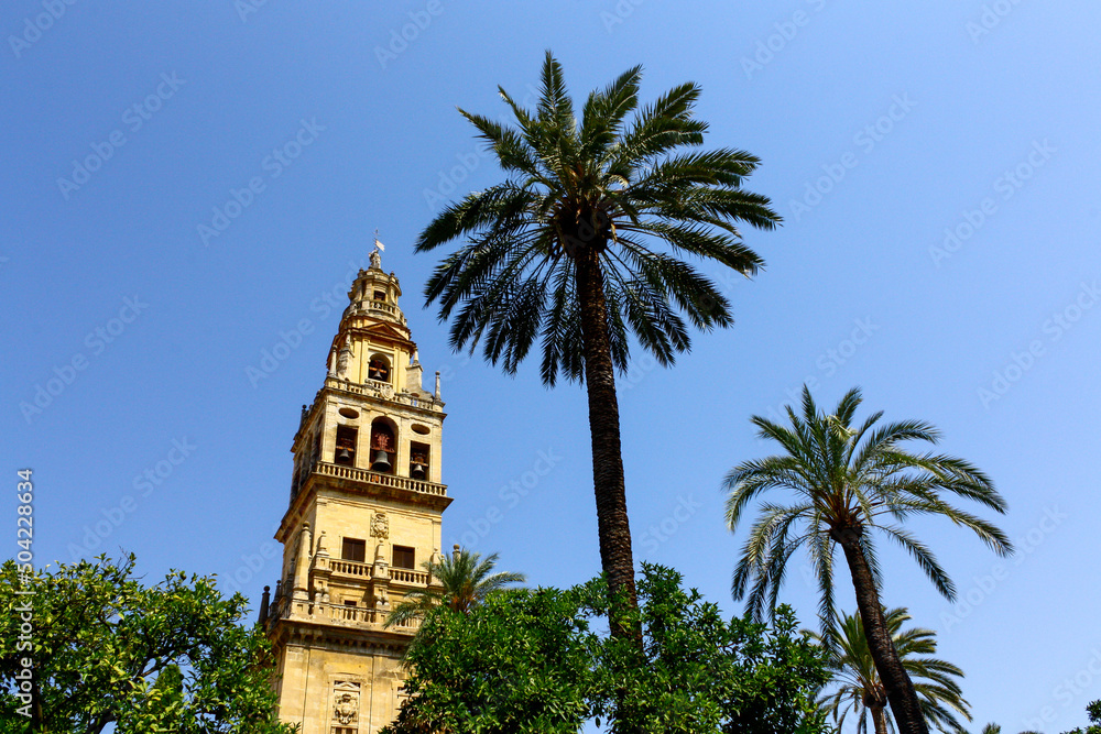 Bell tower in the Mezquita de Cordoba in Spain next to two palm trees on a sunny summer day