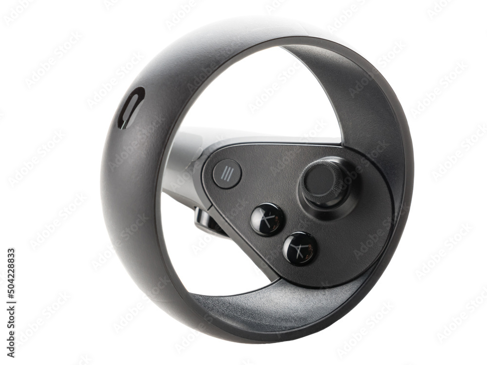 Close-up of the joystick from the virtual reality glasses isolated on a white background. VR helmet controller. Perspective view. Close-up of the joystick from the virtual reality glasses isolated on a white background. VR helmet controller. Perspective view.